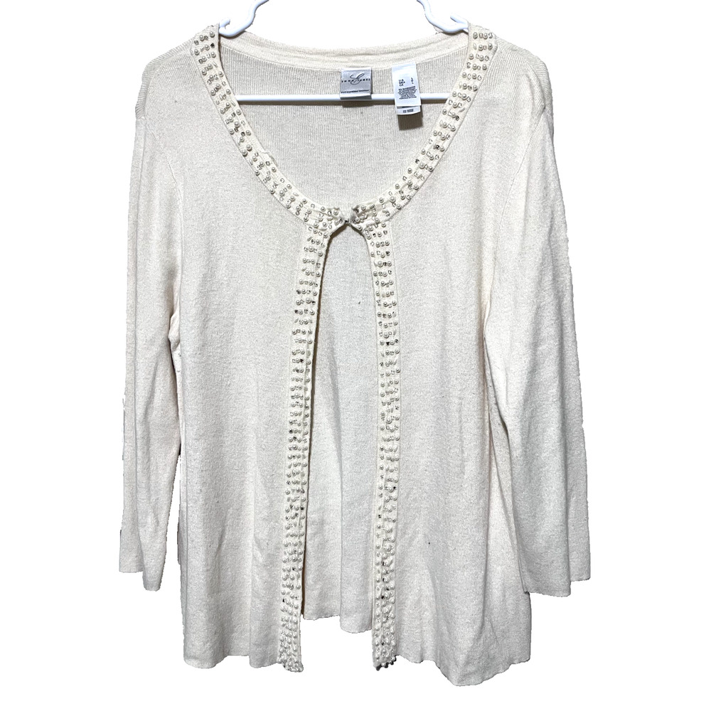 Emma James Cardigan Sweater Silk Angora blend Pearl Beaded Cream Ivory Soft sz L